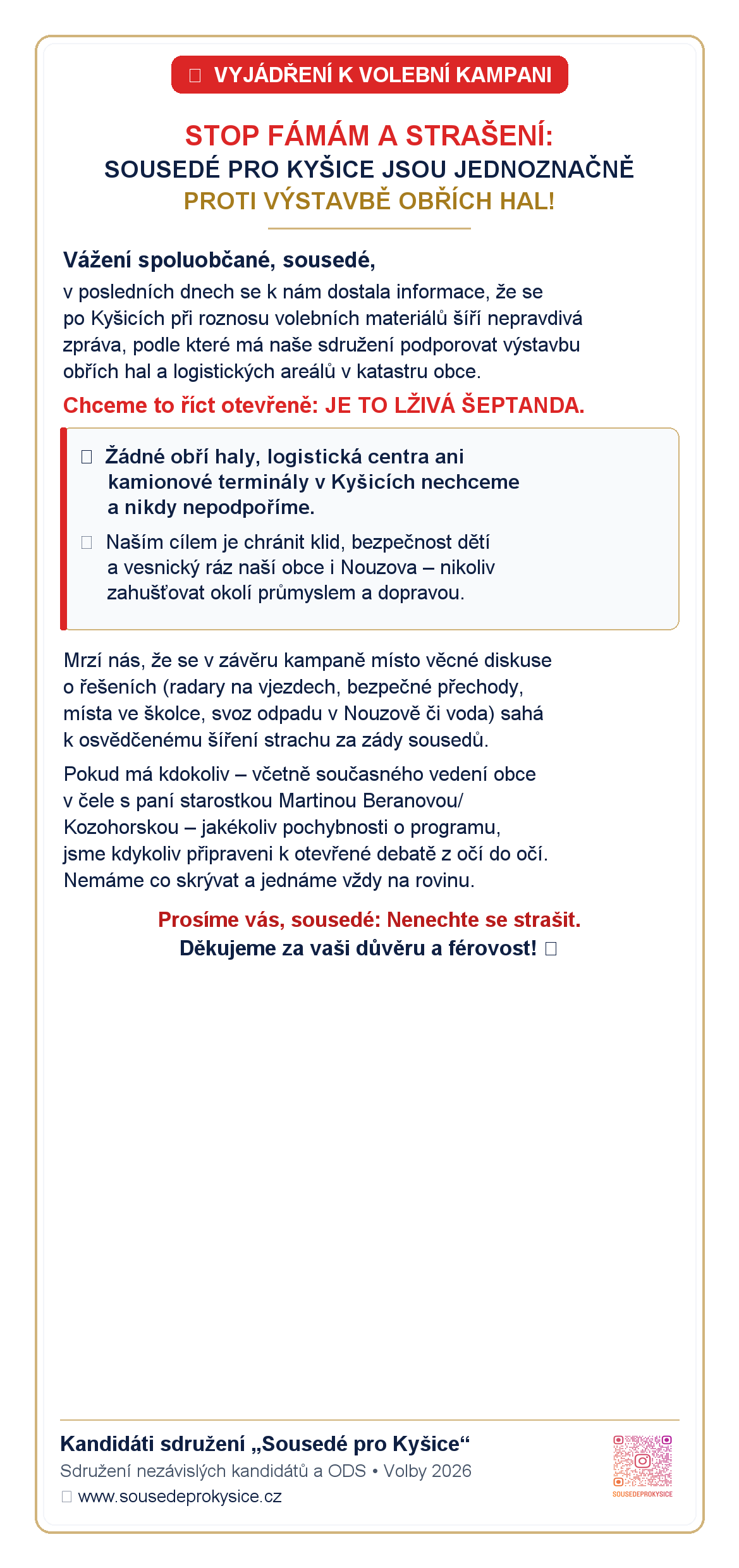 Letáček Stop fámám Sousedé pro Kyšice